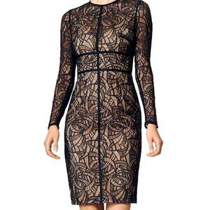 Monique Lhuillier Overtones Black Lace Art Deco Cocktail Event Sheath Dress Sz 4